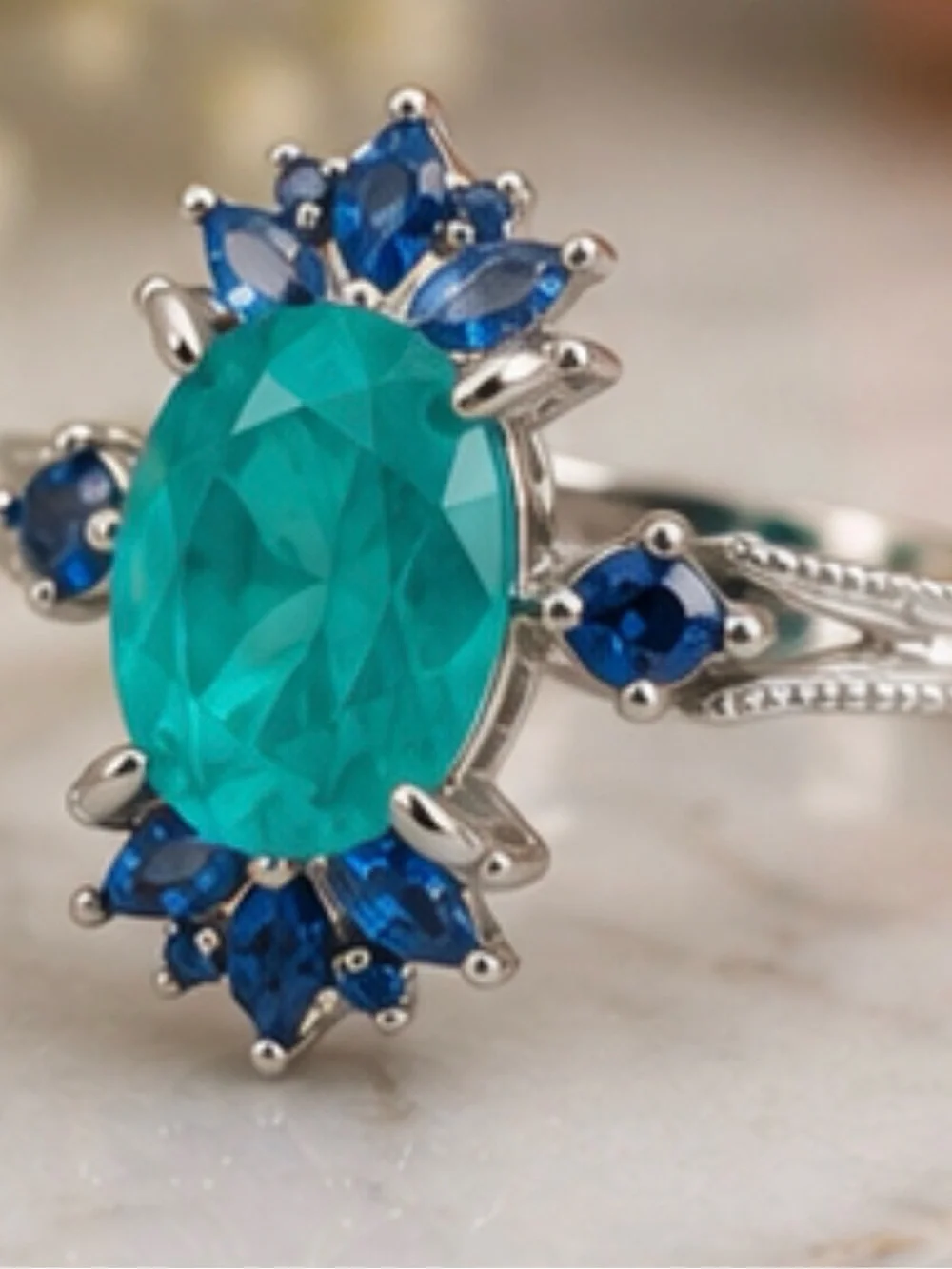 lab created blue and green stone, Rhodium Plated size 7